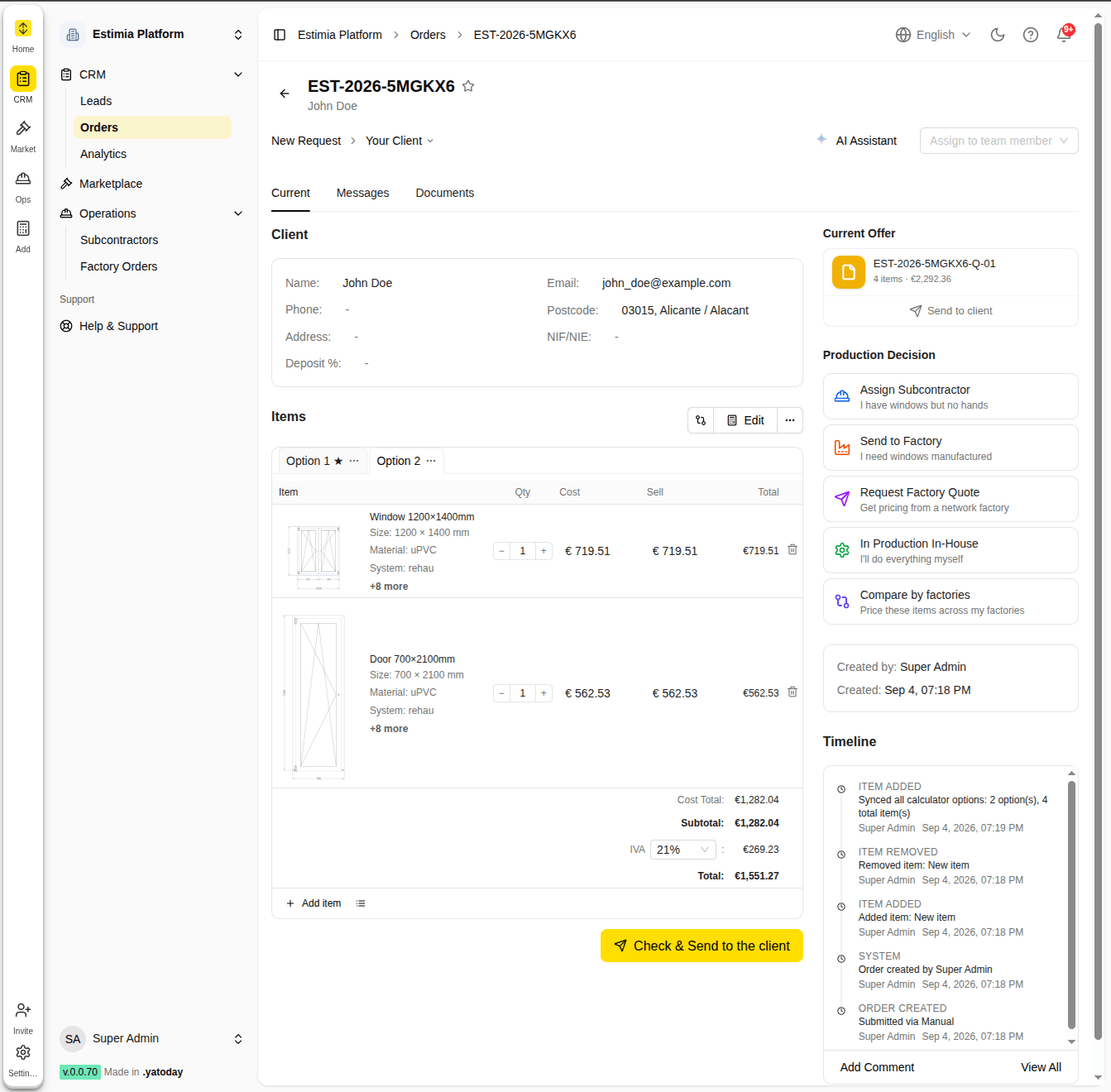 CRM Estimia: карточка заказа с позициями, вариантами сметы и панелью решения о производстве